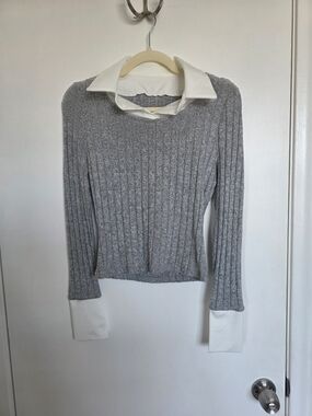 Grey Ribbed Knit Sweater with White Collar and Cuffs